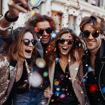 Photograph of a group of young adults trendy celebrating a 40th birhtday