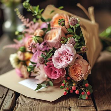 Warmly written congratulation card by fresh bouquet, anticipating happy moments ahead
