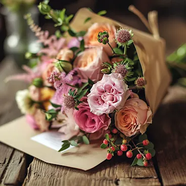 Warmly written congratulation card by fresh bouquet, anticipating happy moments ahead