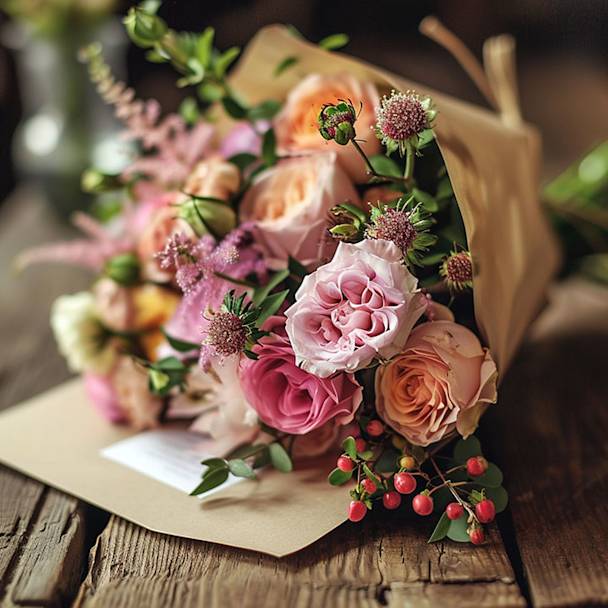 Warmly written congratulation card by fresh bouquet, anticipating happy moments ahead