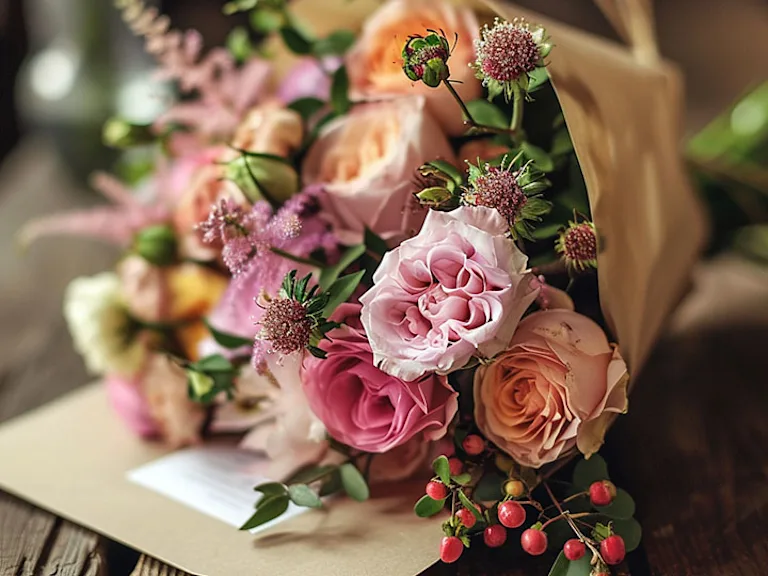 Warmly written congratulation card by fresh bouquet, anticipating happy moments ahead