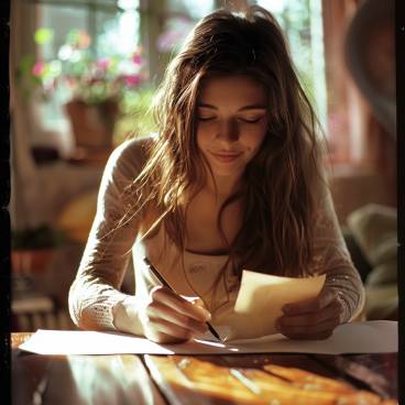 Photograph of a young woman writing inside a birthday card