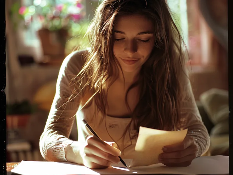 Photograph of a young woman writing inside a birthday card