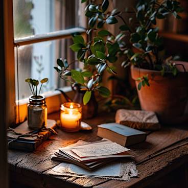 Photograph of a cozy nook with a stack of housewarming cards, candles, and a potted plant