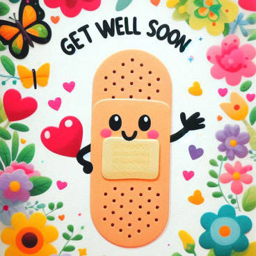 Photograph of a Get Well card with a cartoon bandage smiling